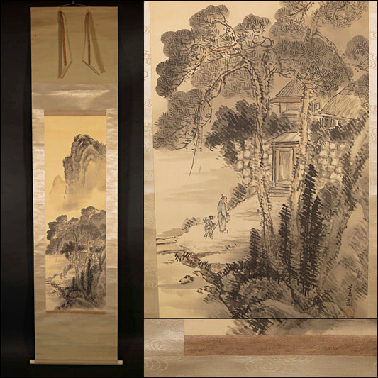 Japanese vintage black ink painting scroll fine Mountains landscapes parent and child, hanging scroll Kakejiku H81.1in/H206cm