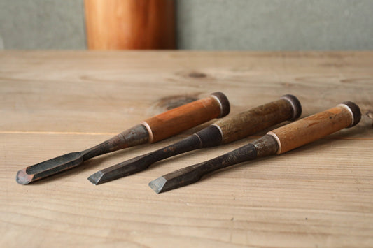 Set of 3 Japanese vintage carpenter's chisels  鑿  "Nomi",  used Japanese craftsman's carving tool in 1900s 8.7×1in/22x2.5cm