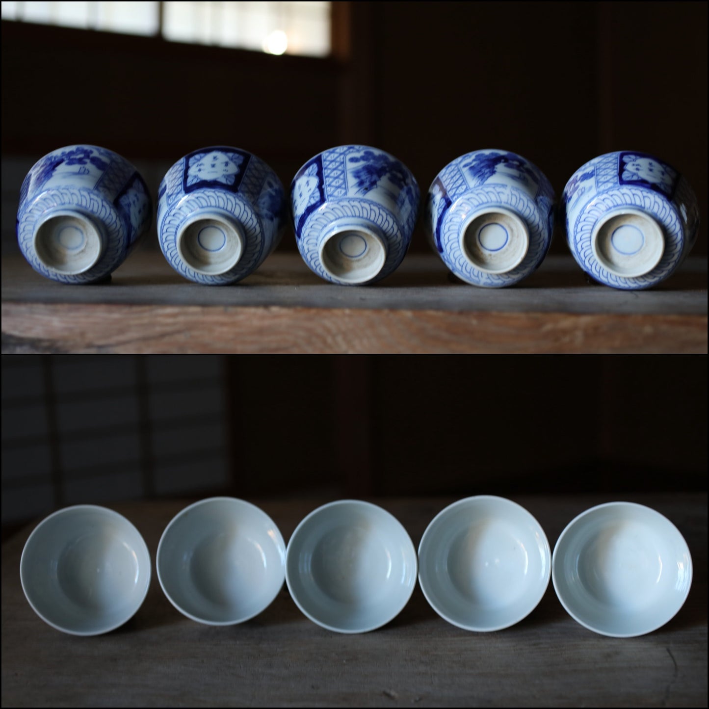 Japanese antique 1925s IMARI set of 5 bowls with lids porcelain kiln ceramic craft t Indigo Blue White OWAN INABAN Sometsuke H3.7in/H4.3cm