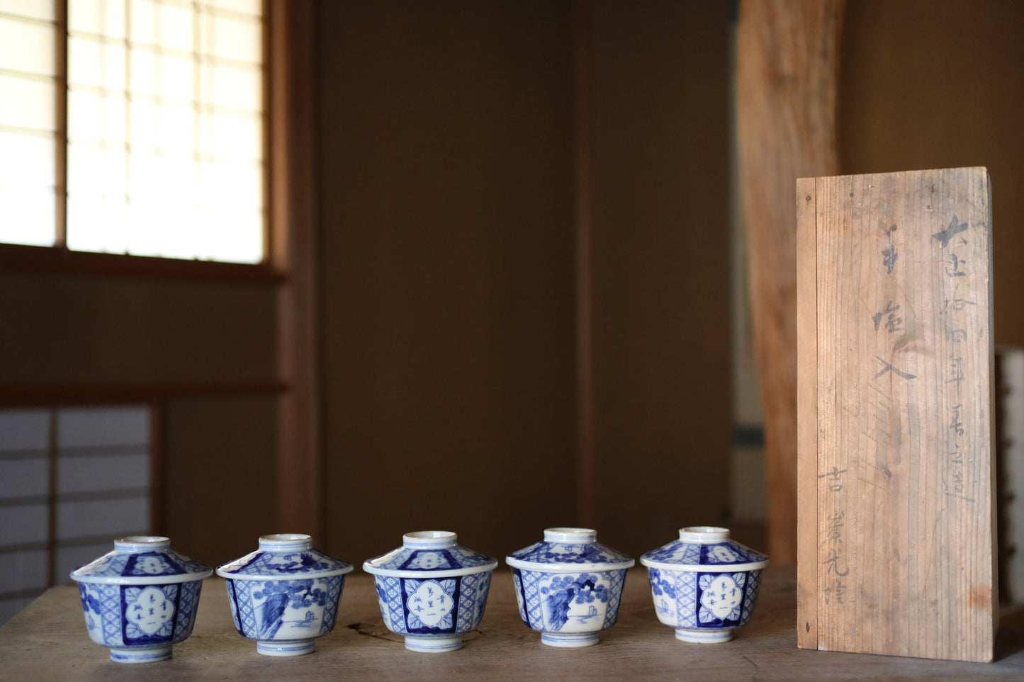 Japanese antique 1925s IMARI set of 5 bowls with lids porcelain kiln ceramic craft t Indigo Blue White OWAN INABAN Sometsuke H3.7in/H4.3cm