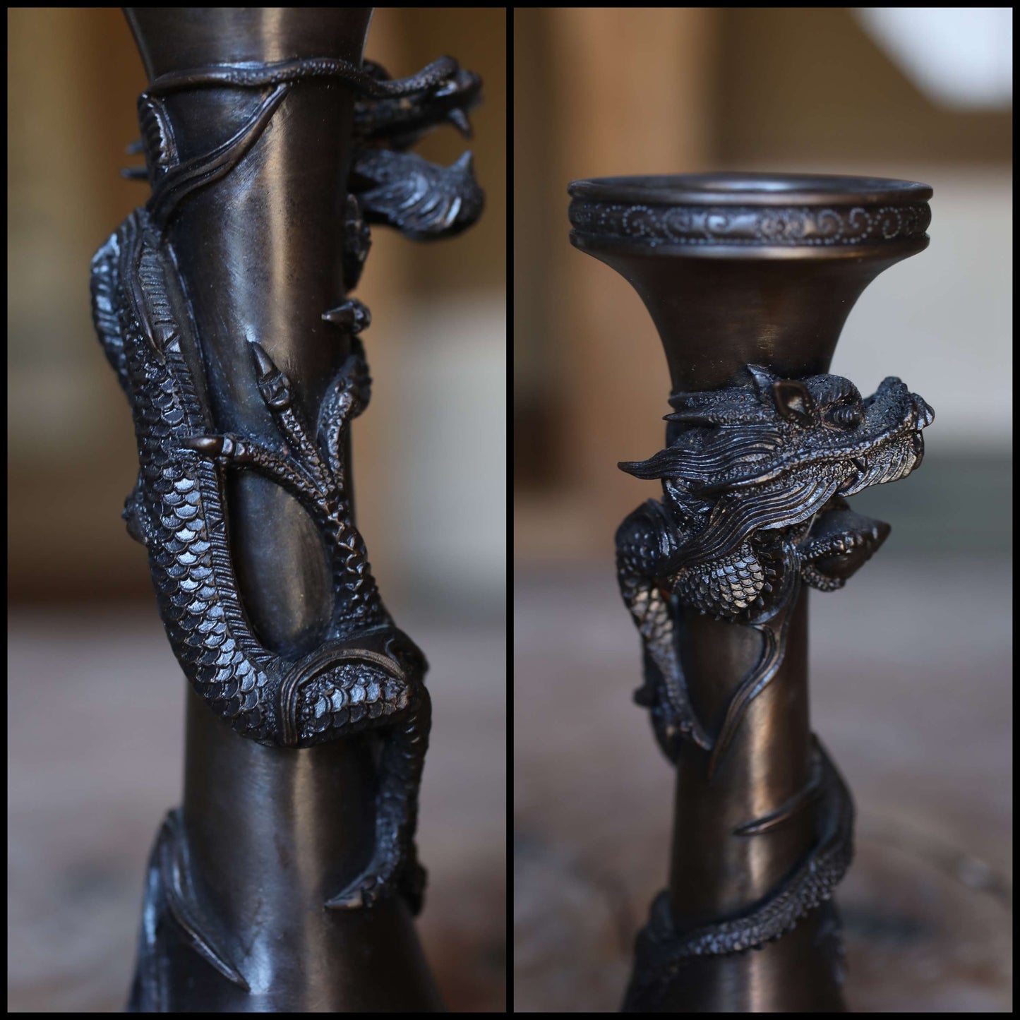 FINE! Pair of Japanese antique Dragon Bronze candlestick candle stand with Dragon Surrounding Design Buddhist alter 1900s H7.71in/H19.5cm
