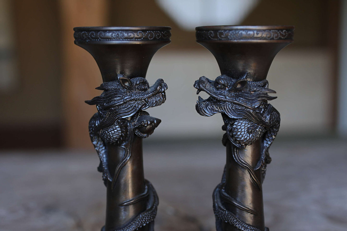 FINE! Pair of Japanese antique Dragon Bronze candlestick candle stand with Dragon Surrounding Design Buddhist alter 1900s H7.71in/H19.5cm