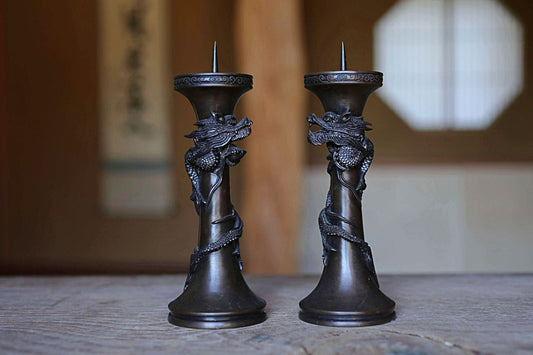 FINE! Pair of Japanese antique Dragon Bronze candlestick candle stand with Dragon Surrounding Design Buddhist alter 1900s H7.71in/H19.5cm