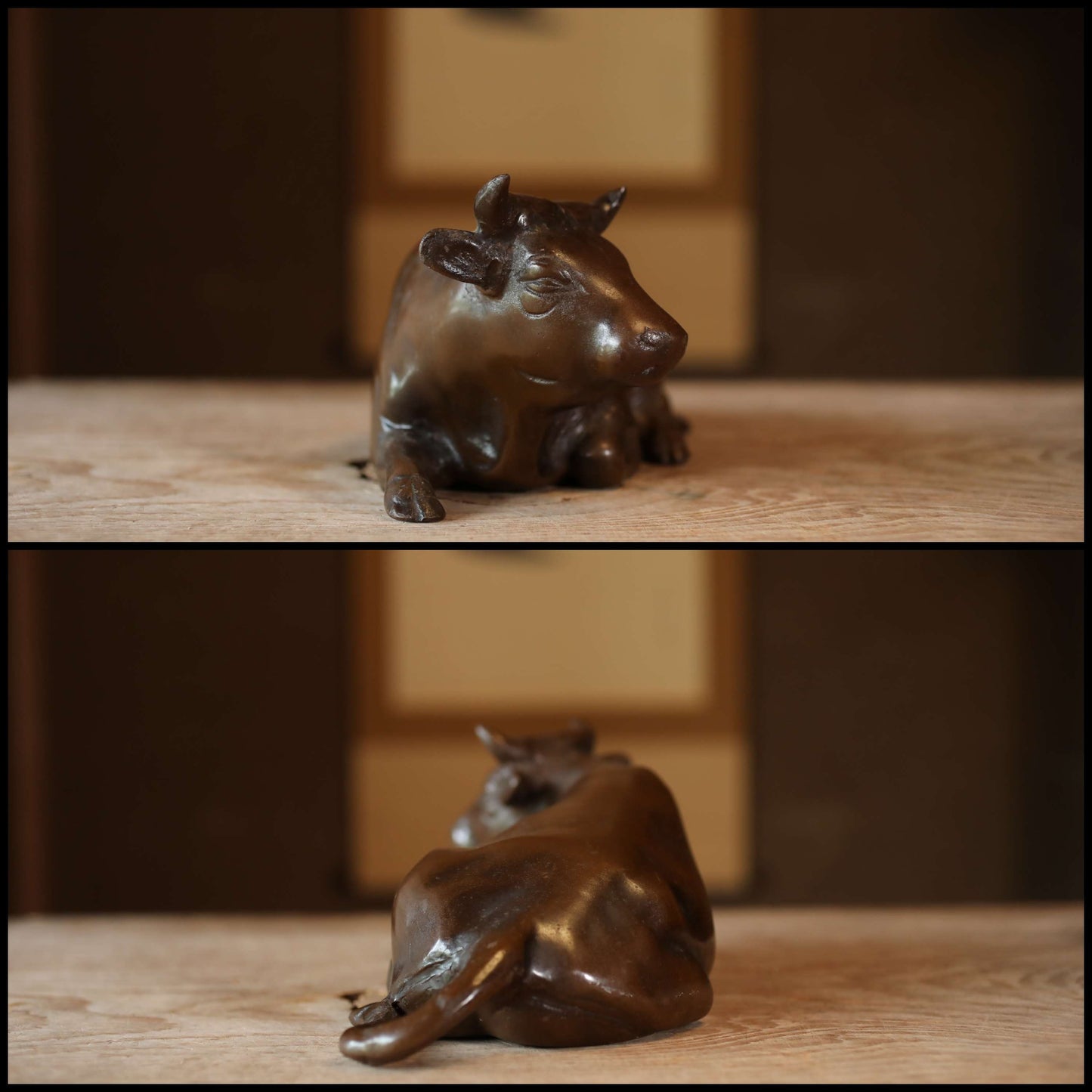 Japanese vintage bronze cow ornament figurine, cast iron, animal metal art doll H4.9×W12×D5.5in/H12.5×30.5×14cm