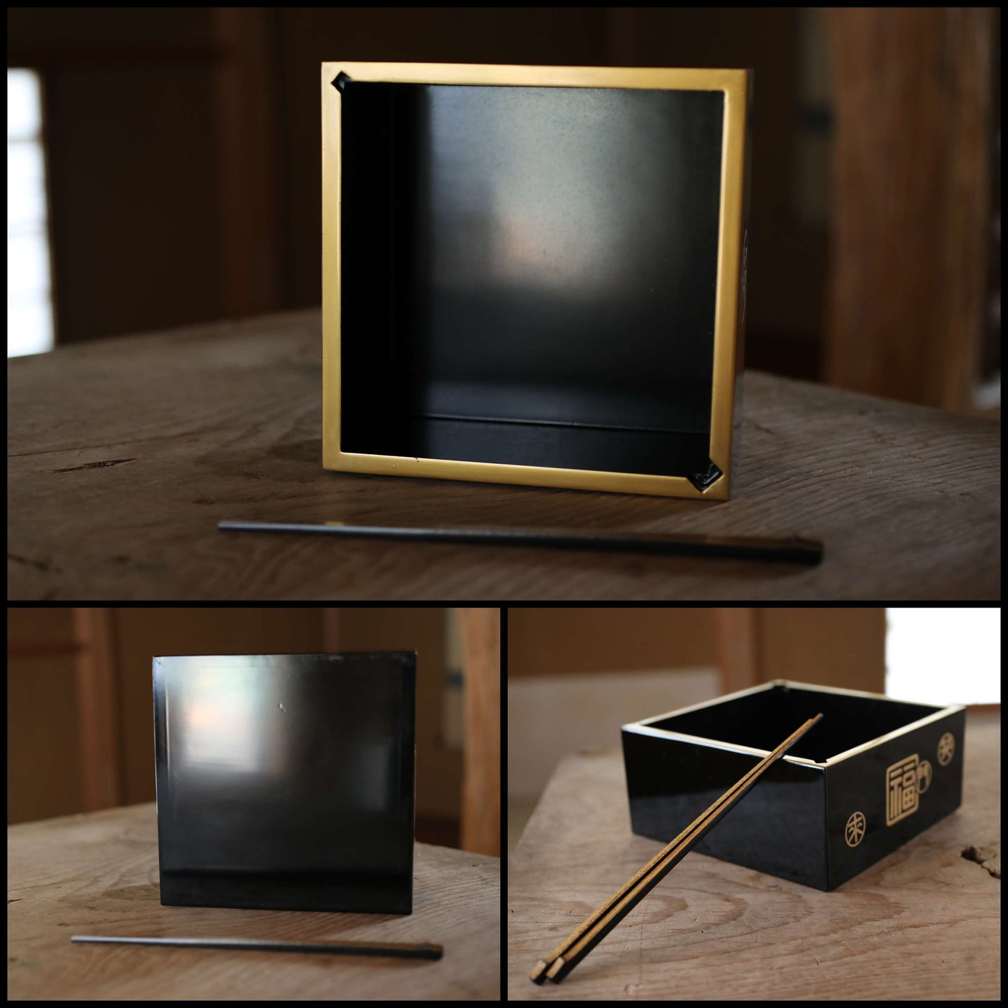 Japanese antiques black and gold Lacquer sweets canister chopsticks set with Kanji design, Japanese container H3.2×7.1in/H8.2×18cm