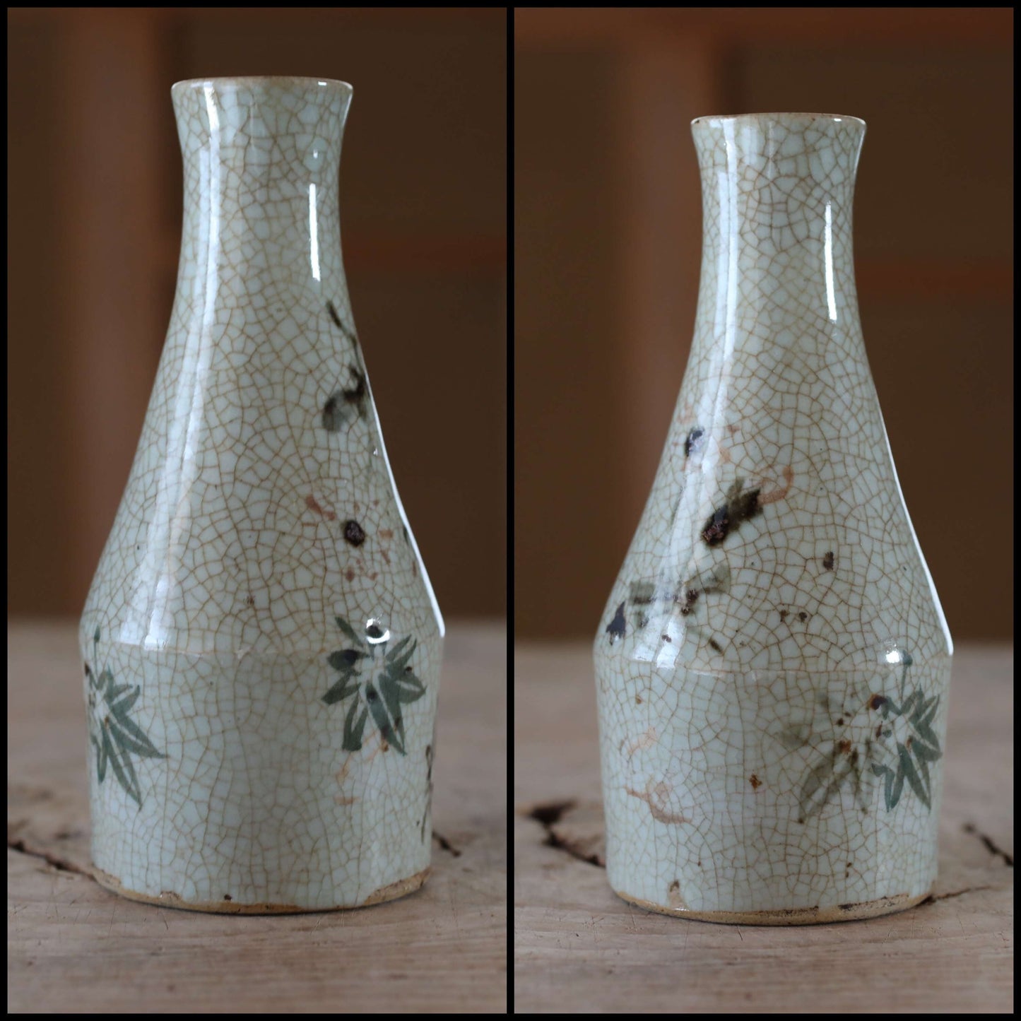 Japanese old ceramic small flower vase hand made INUYAMA ware with autumn leaves, single flower vase H6.7×2.8in/H16×7cm