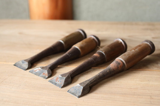 Set of worn out 4 Japanese vintage carpenter's chisels  鑿  "Nomi",  used Japanese craftsman's carving tool in 1900s 6.1×1.2in/15.5x3cm