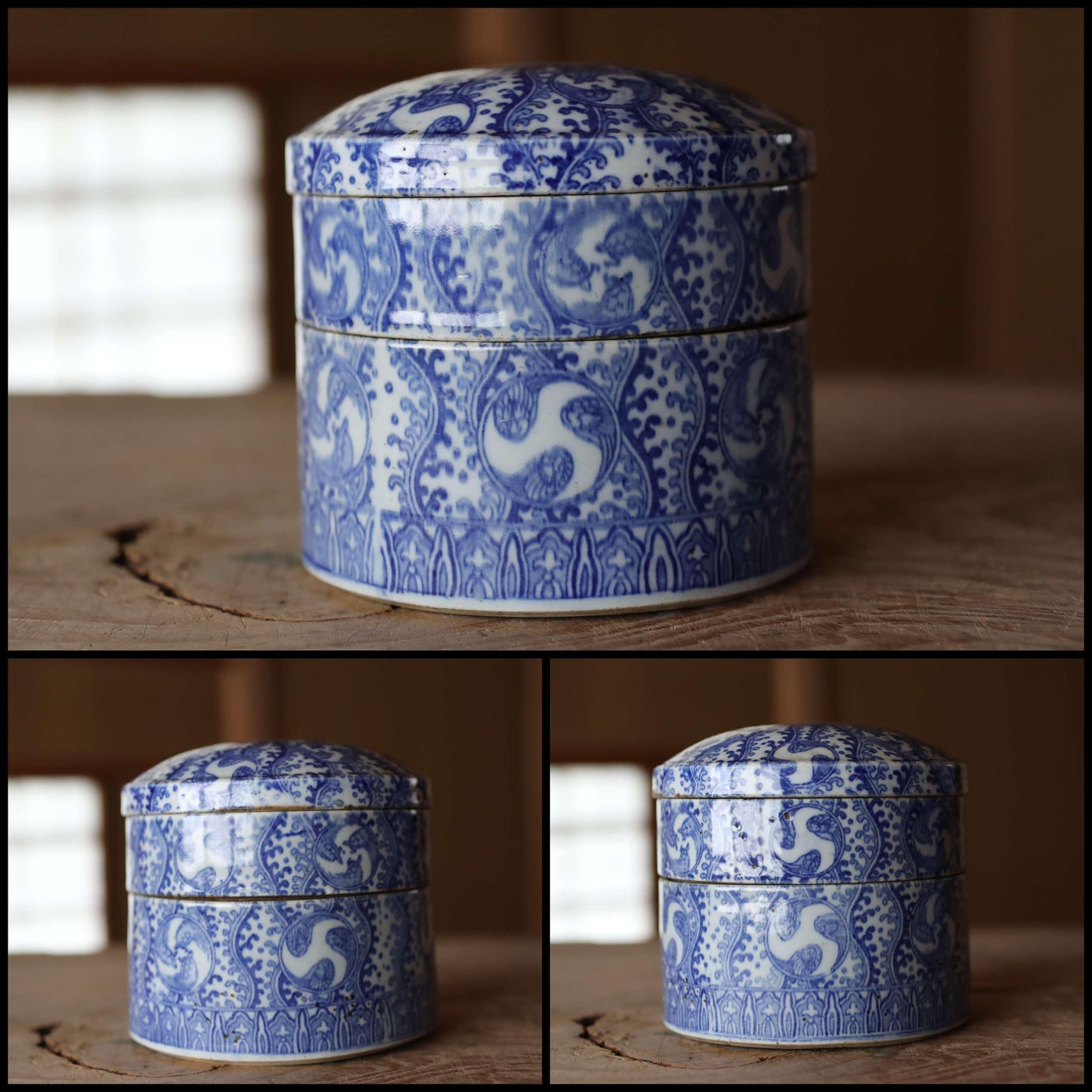 Antique Meiji era Imari Porcelain Jūbako indigo turtles and botanical pattern Stacking ceramic Bento Box H5.1×5.5in two-tiered box