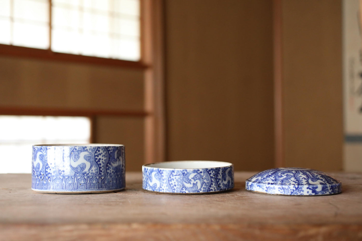 Antique Meiji era Imari Porcelain Jūbako indigo turtles and botanical pattern Stacking ceramic Bento Box H5.1×5.5in two-tiered box