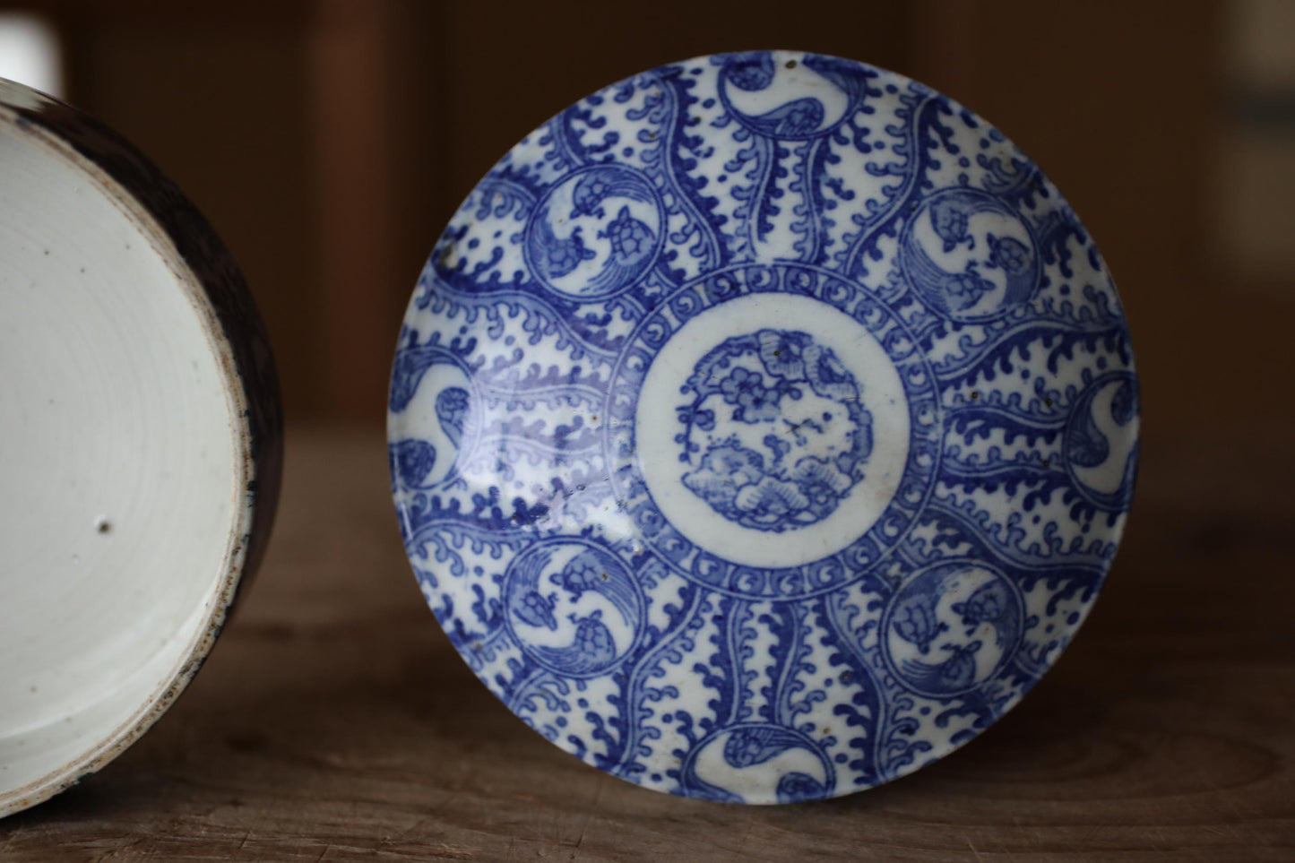 Antique Meiji era Imari Porcelain Jūbako indigo turtles and botanical pattern Stacking ceramic Bento Box H5.1×5.5in two-tiered box