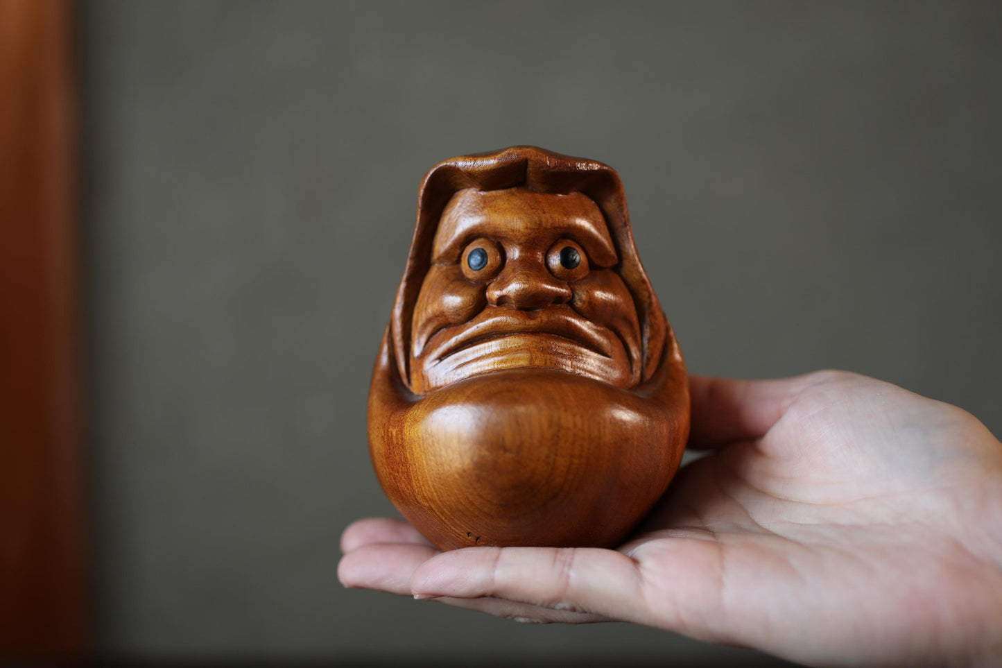 Japanese character DARUMA small doll hand carved made of wood, vintage Ornament Figurine of traditional H3.9in/H10cm