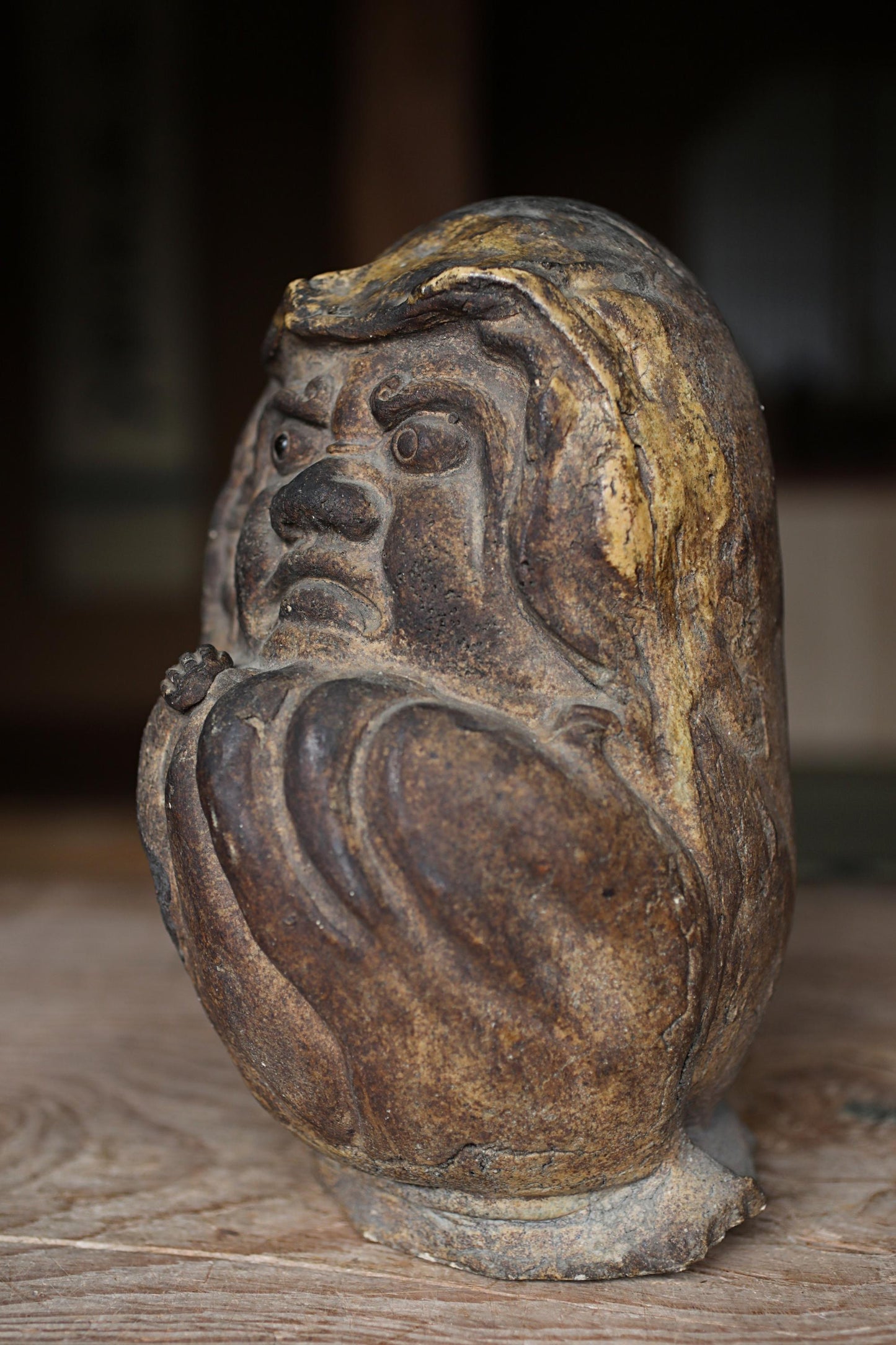 RARE! 1800s Japanese furniture Antique doll Hibachi brazier charcoal Fire Holder DARUMA Oribe buddhist monk EDO craft 10.9in/27.6cm