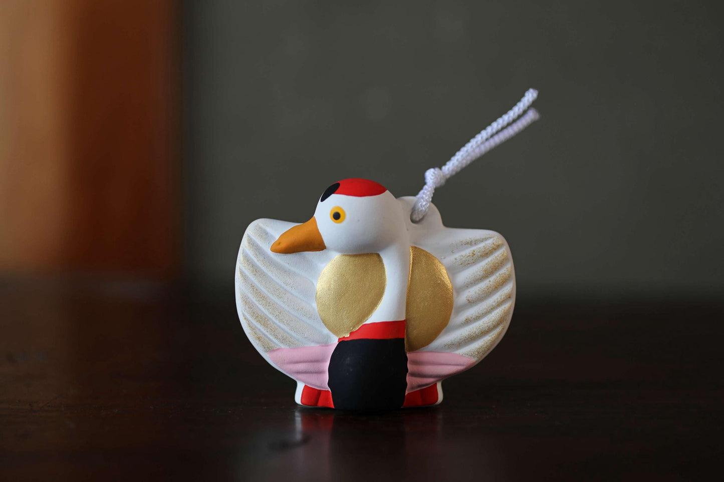 Japanese pottery bell a spread-eagled crane in bright colors with "寿 happiness", Christmas tree ornament H2.6in/H6.5cm