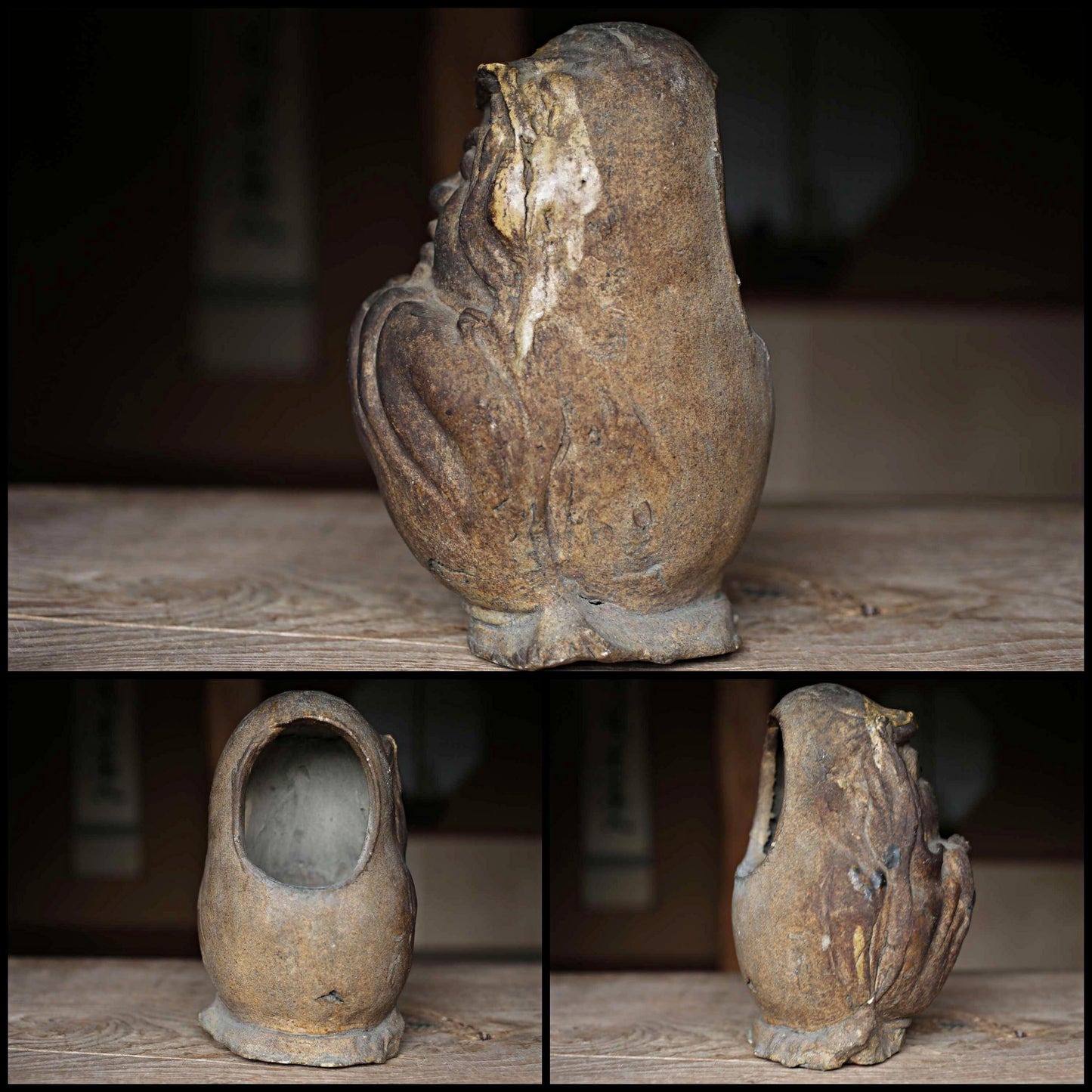 RARE! 1800s Japanese furniture Antique doll Hibachi brazier charcoal Fire Holder DARUMA Oribe buddhist monk EDO craft 10.9in/27.6cm