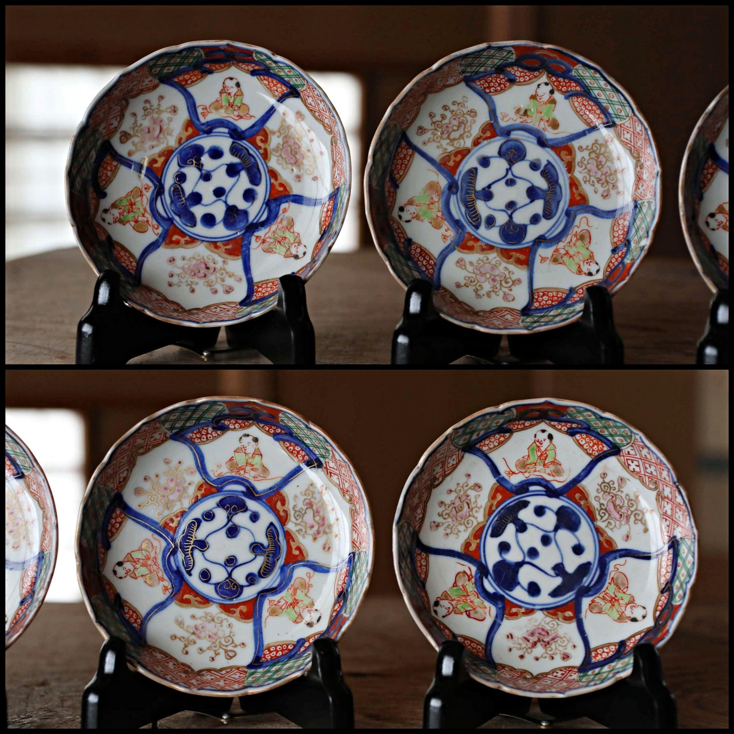 Set of 4 Japanese antique old small plate porcelain dishes, beautiful Koimari 1870s Flowers and flower decorators 4.5in/11.5cm