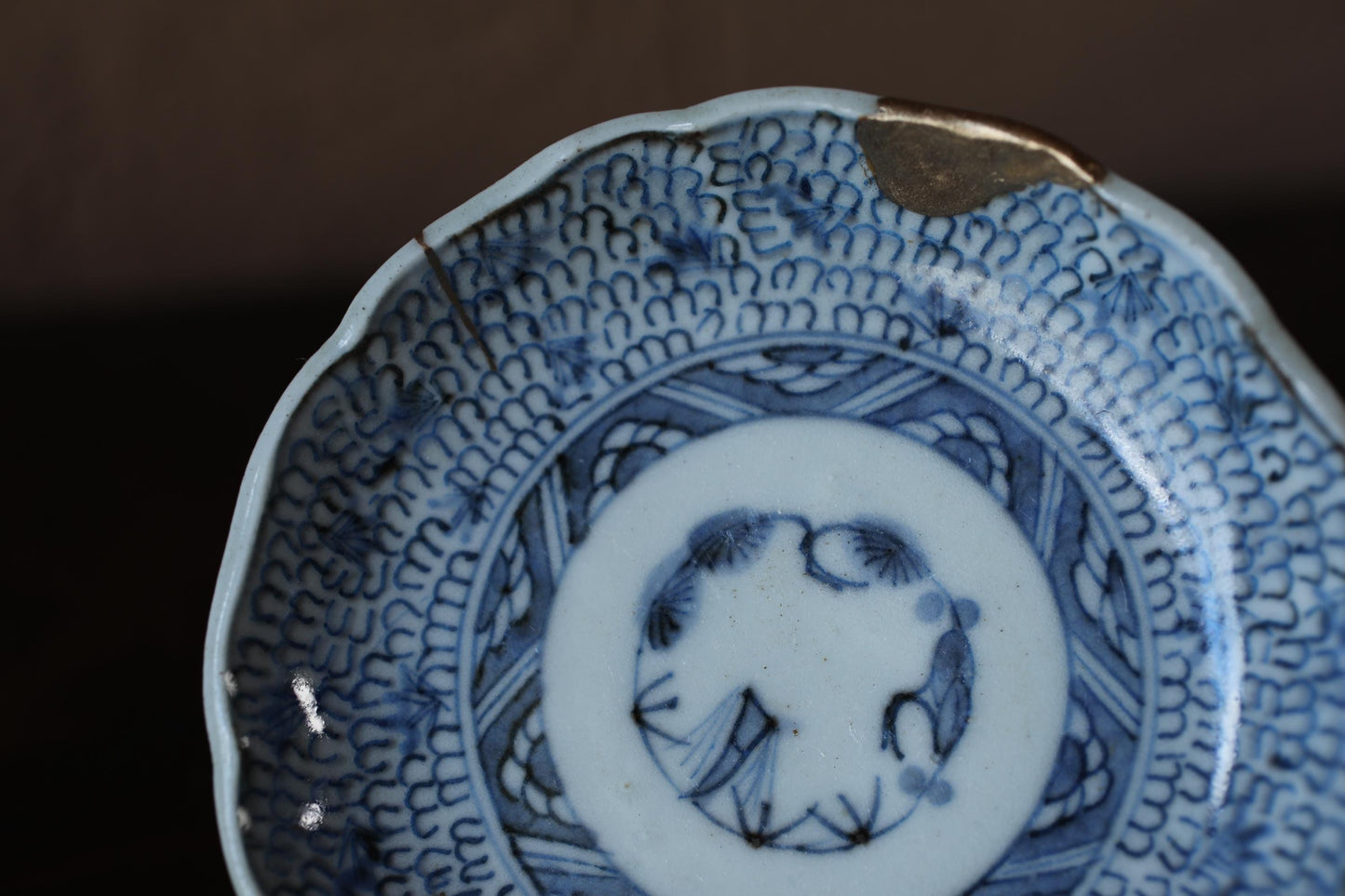 Japanese Antique EDO 1800s handcraft small plate, KINTUSGI porcelain ceramic dish Blue White relief pattern flower SOMETSUKE 4.3in/10.8cm