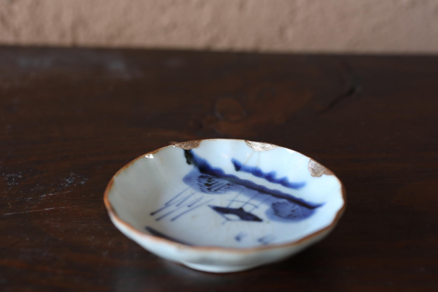 Japanese antique handcraft small plate, KINTUSGI porcelain ceramic dish Blue White SOMETSUKE 3.9in/10cm