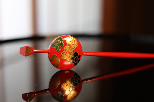 Red Gold KIMONO accessories made of wood & lacquer ,Japanese Antique Floral Plant pattern "Kanzashi"Hairpin hatpin pair set