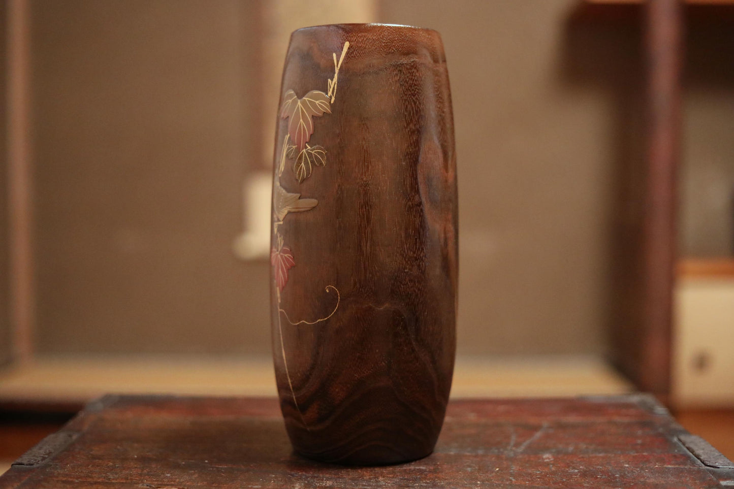 Japanese vintage Lacquer urushi art gold Makie flower vase made of wood with little bird and tree red leaves H11.6×4.7in/29.5cm×12cm