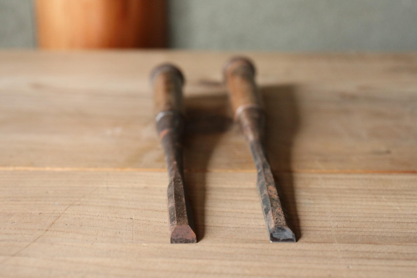 A pair of Japanese vintage carpenter's long narrow chisels  鑿  "Nomi",  used Japanese craftsman's carving tool in 1900s 9.8×1in/25x1cm