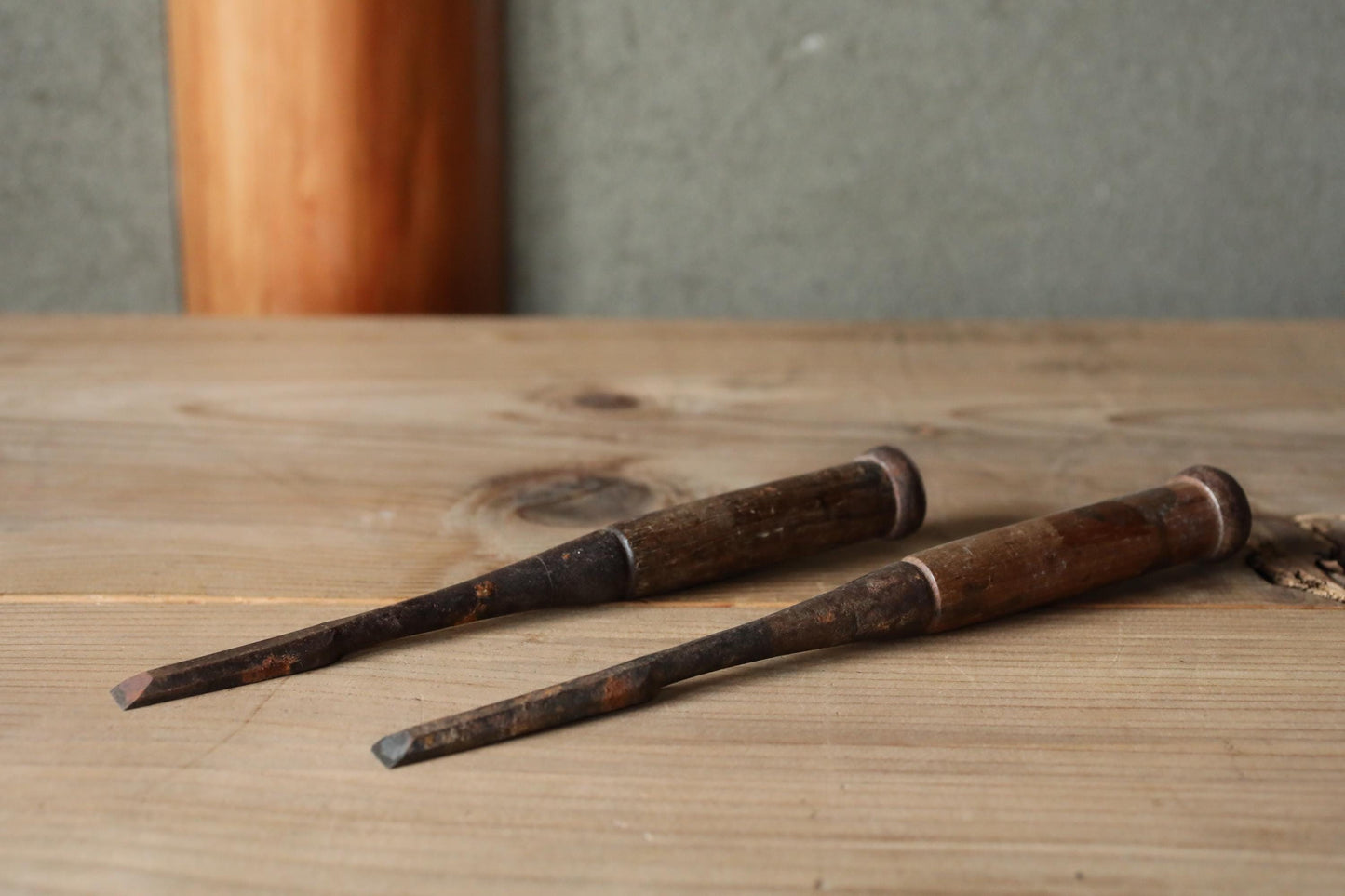 A pair of Japanese vintage carpenter's long narrow chisels  鑿  "Nomi",  used Japanese craftsman's carving tool in 1900s 9.8×1in/25x1cm