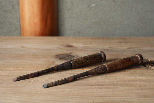 A pair of Japanese vintage carpenter's long narrow chisels  鑿  "Nomi",  used Japanese craftsman's carving tool in 1900s 9.8×1in/25x1cm