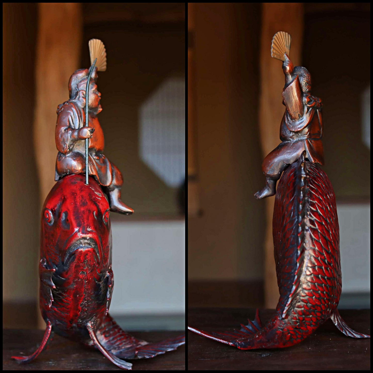 Large! Japanese vintage cast iron metal doll ornament TAI fish & god "Ebisu" with SENSU fish art H18.9in(H48cm)