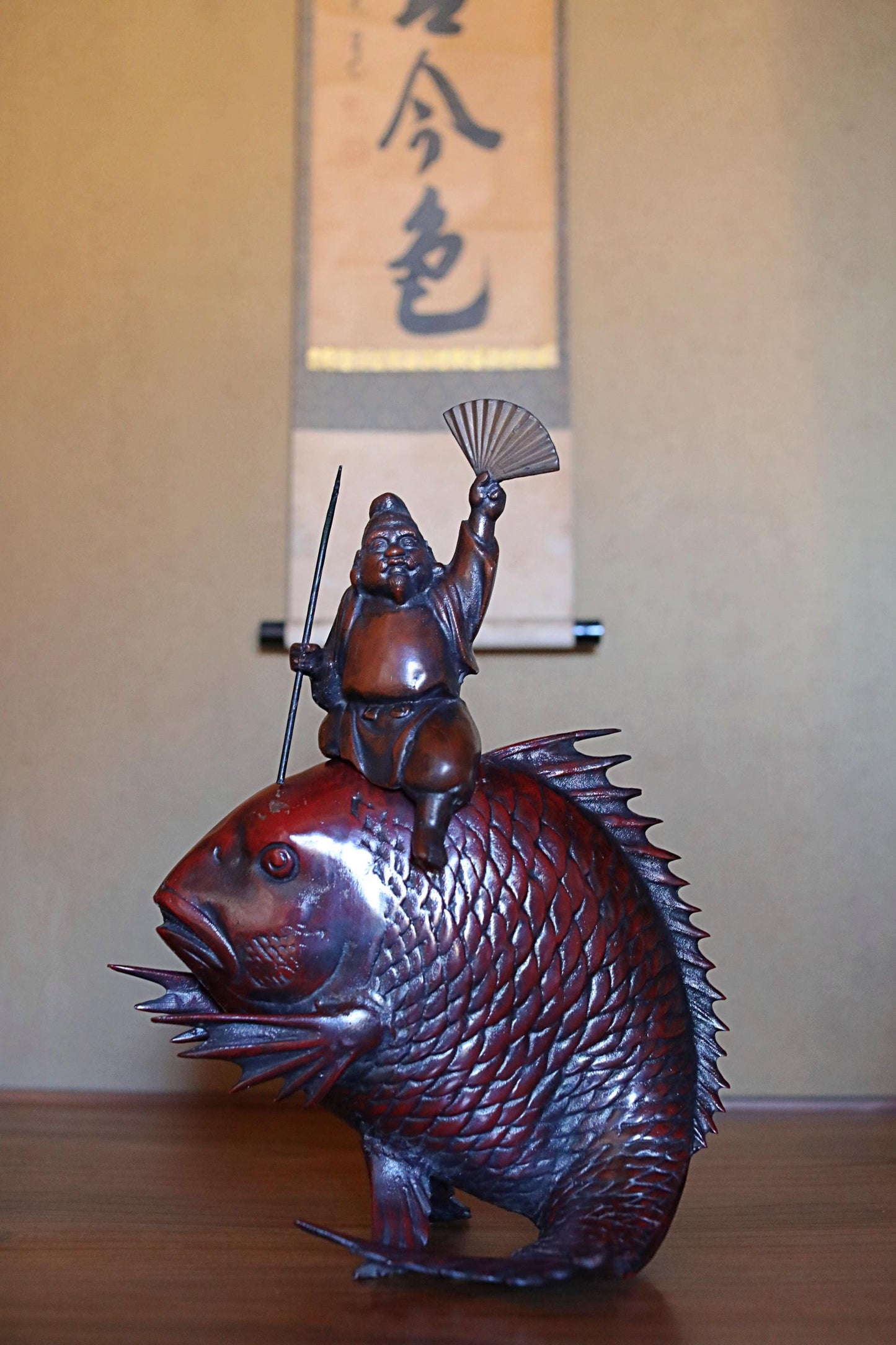 Large! Japanese vintage cast iron metal doll ornament TAI fish & god "Ebisu" with SENSU fish art H18.9in(H48cm)