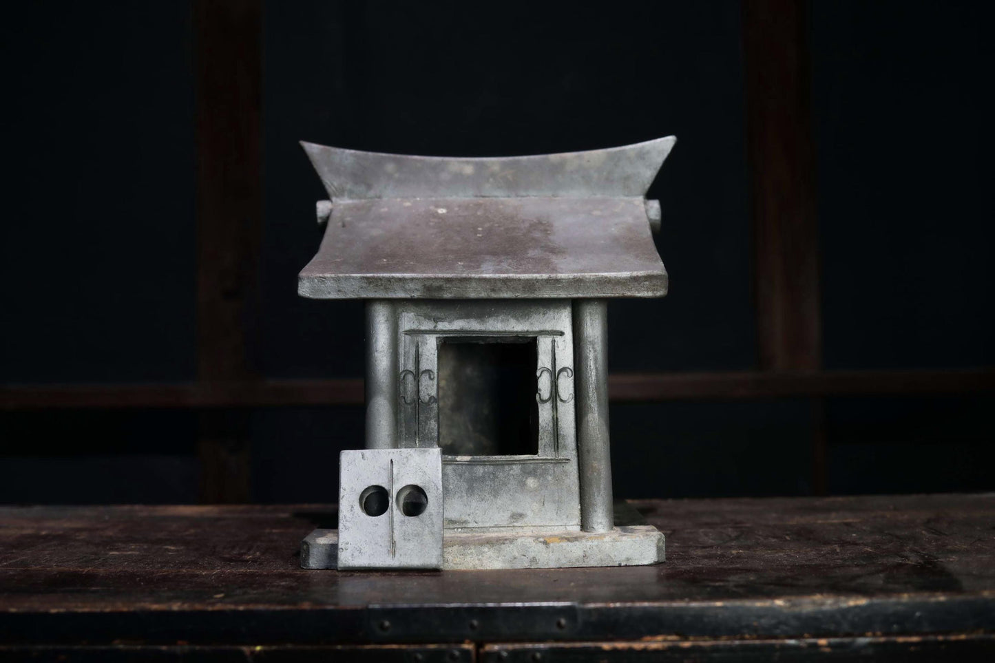RARE! Japanese antique Zushi Cabinet with god EBISU DAIKOKU, kamidana Japanese Buddhist shinto shrine Kawara tile 1700s H12.2in/H31cm