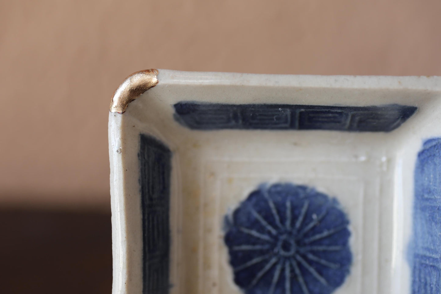 Japanese vintage handcraft small plate, KINTUSGI porcelain ceramic dish Blue White relief pattern flower KOIMARI 3.2in/8.5cm