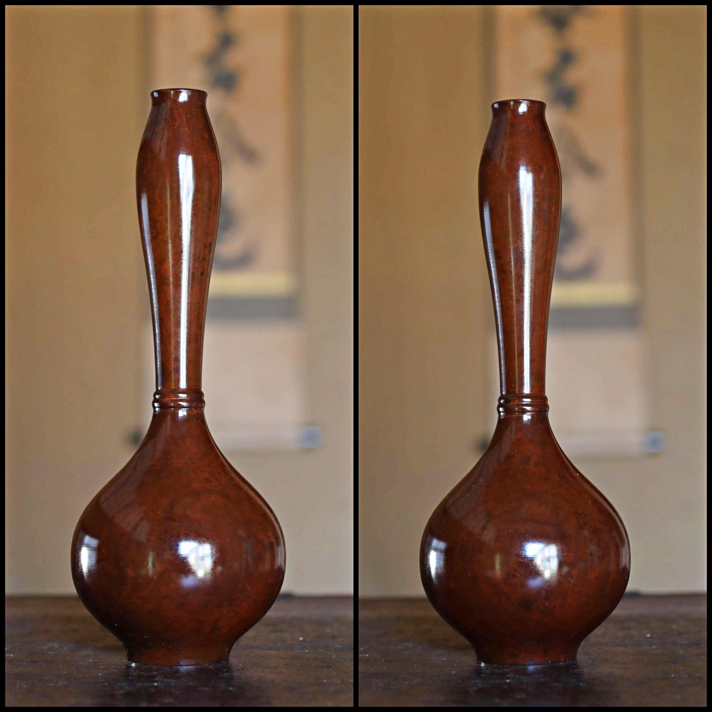 Japanese vintage bronze vase brown 鶴首TSURUKUBI gourd shaped reddish brown marbled, with box for Tea ceremony TAKAOKA For GIFT H8.5in/H21.5cm