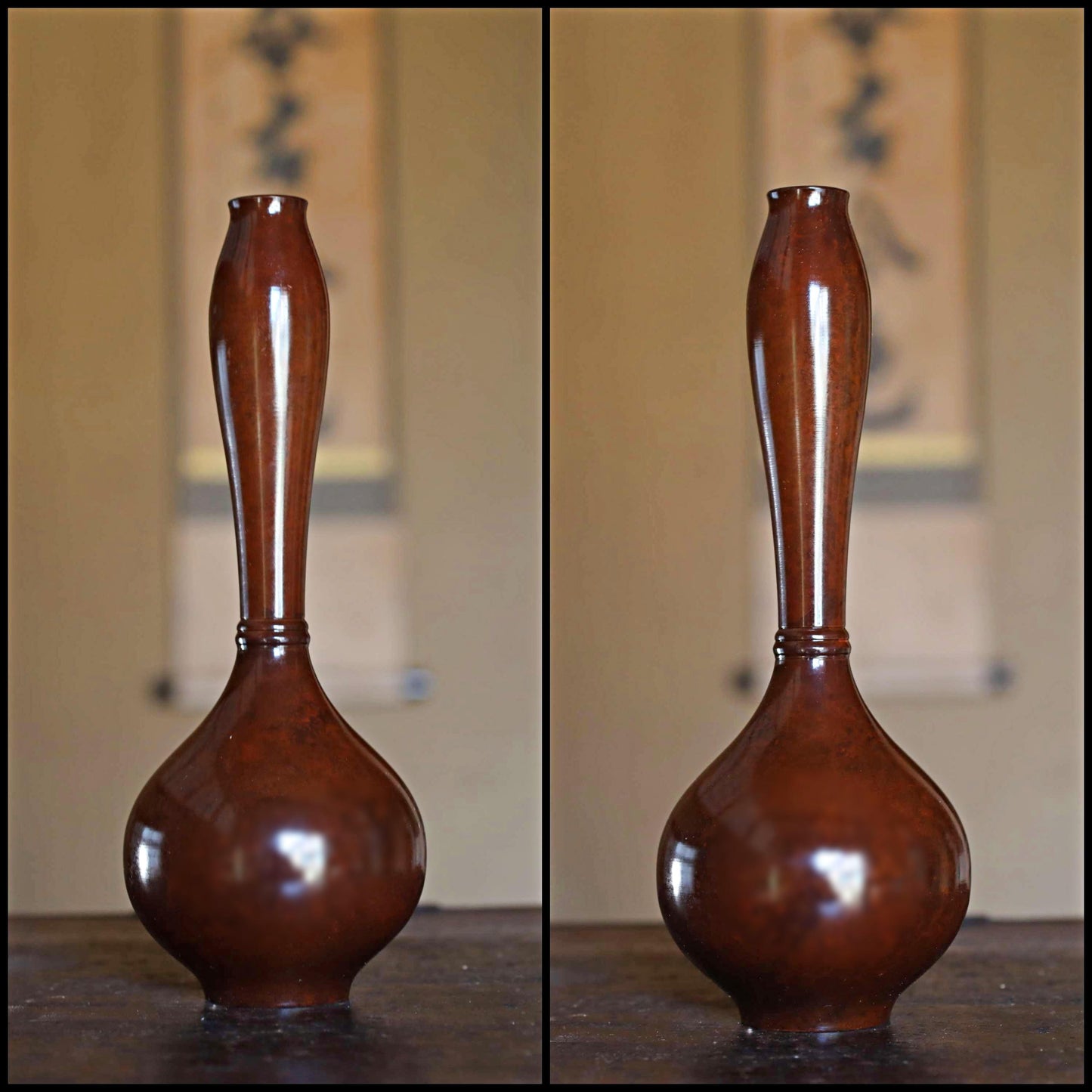 Japanese vintage bronze vase brown 鶴首TSURUKUBI gourd shaped reddish brown marbled, with box for Tea ceremony TAKAOKA For GIFT H8.5in/H21.5cm