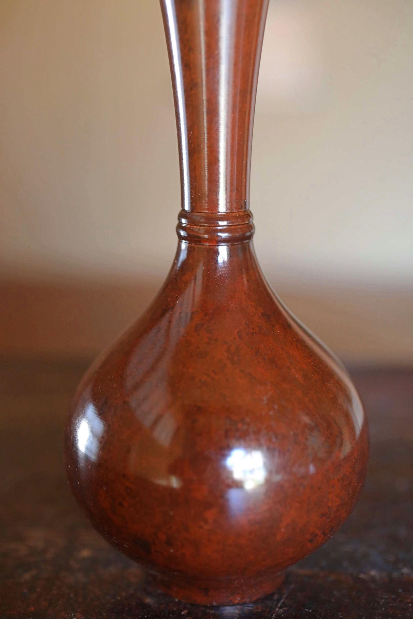 Japanese vintage bronze vase brown 鶴首TSURUKUBI gourd shaped reddish brown marbled, with box for Tea ceremony TAKAOKA For GIFT H8.5in/H21.5cm