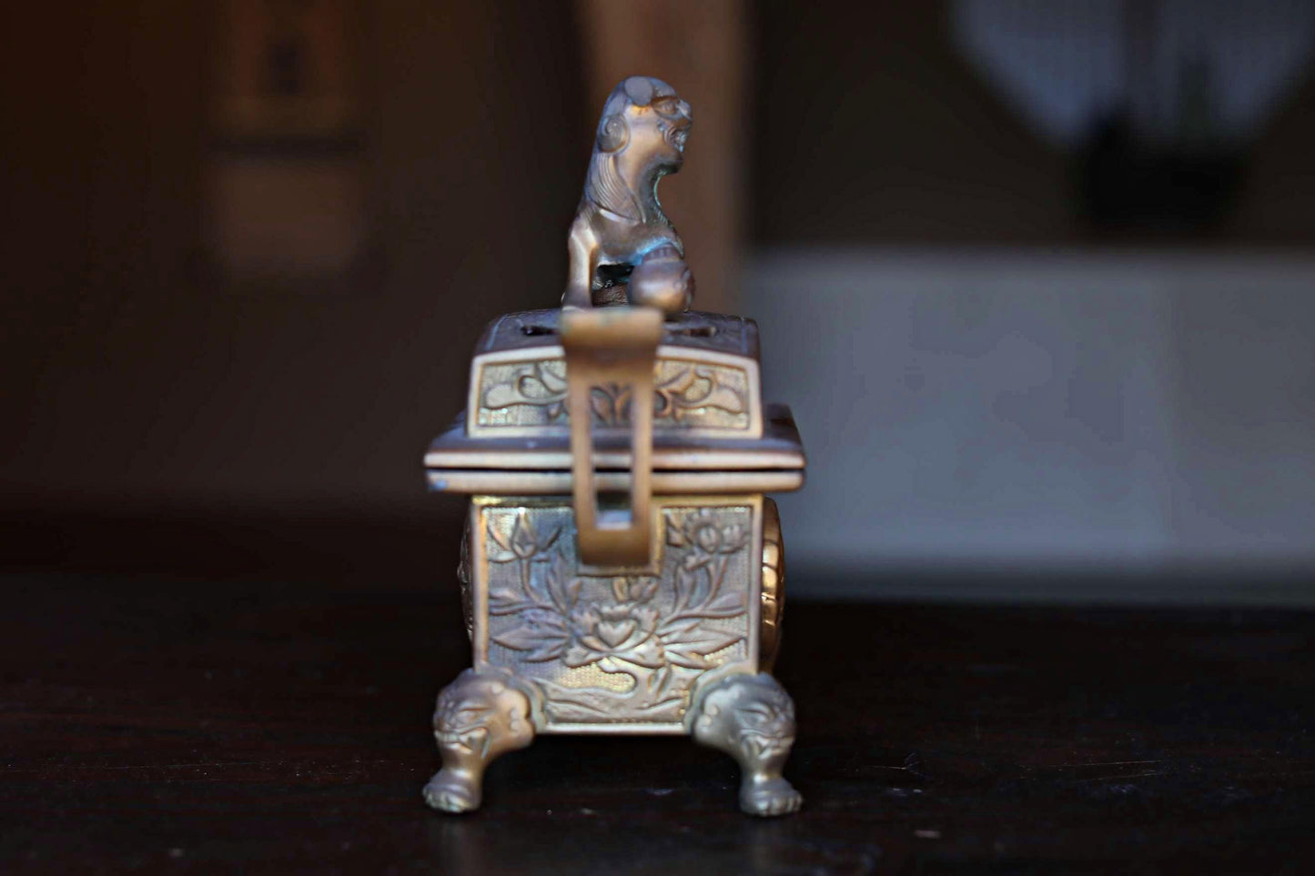 Large Gold brass Censer Koro Japanese antique incense burner from Buddhist temple Oriental Sacred animal Shishi lion 1900s H7in/17.8cm