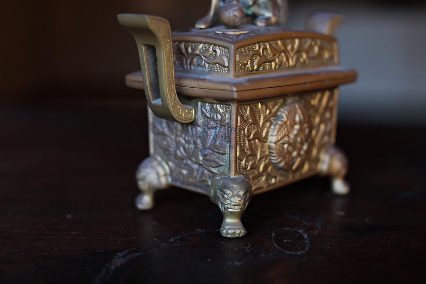 Large Gold brass Censer Koro Japanese antique incense burner from Buddhist temple Oriental Sacred animal Shishi lion 1900s H7in/17.8cm