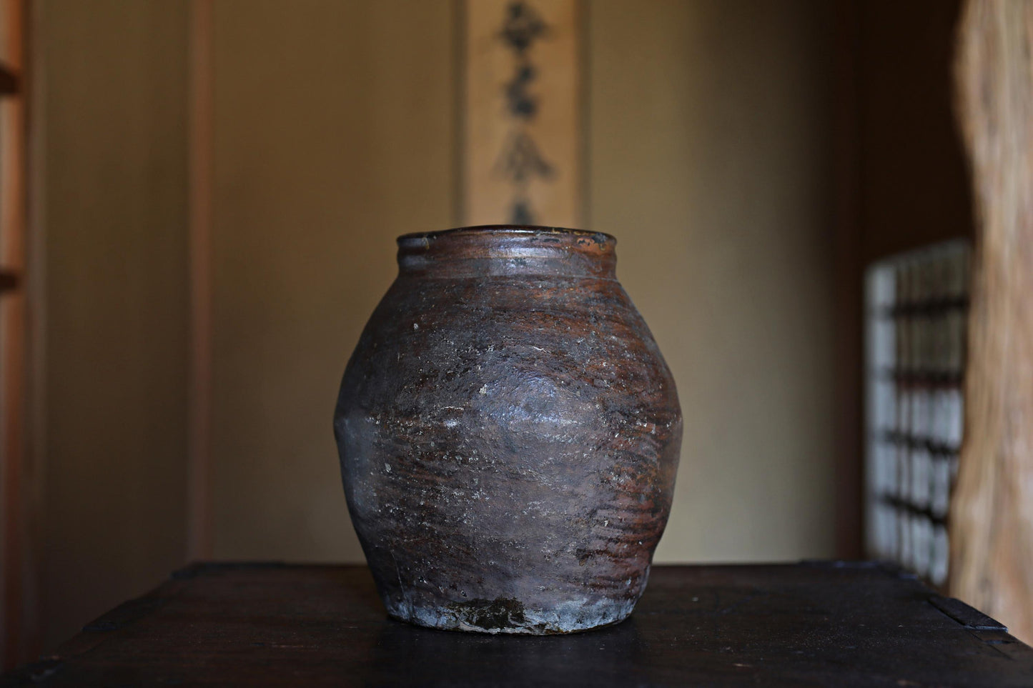 Japanese antique 1700s BIZEN old hand made ceramic jar flower vase for tea ceremony Ikebana Wabi Sabi H8.3×7.3in/H21×18.5cm