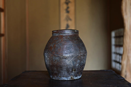 Japanese antique 1700s BIZEN old hand made ceramic jar flower vase for tea ceremony Ikebana Wabi Sabi H8.3×7.3in/H21×18.5cm