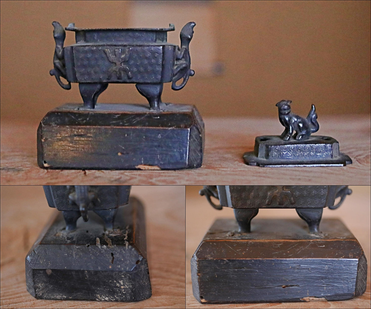 FINE! 1820s Japanese antique Bronze censer Koro shishi for repose of souls buddhist temple with box gecko lizard shogun Incense H6.3in/H16cm