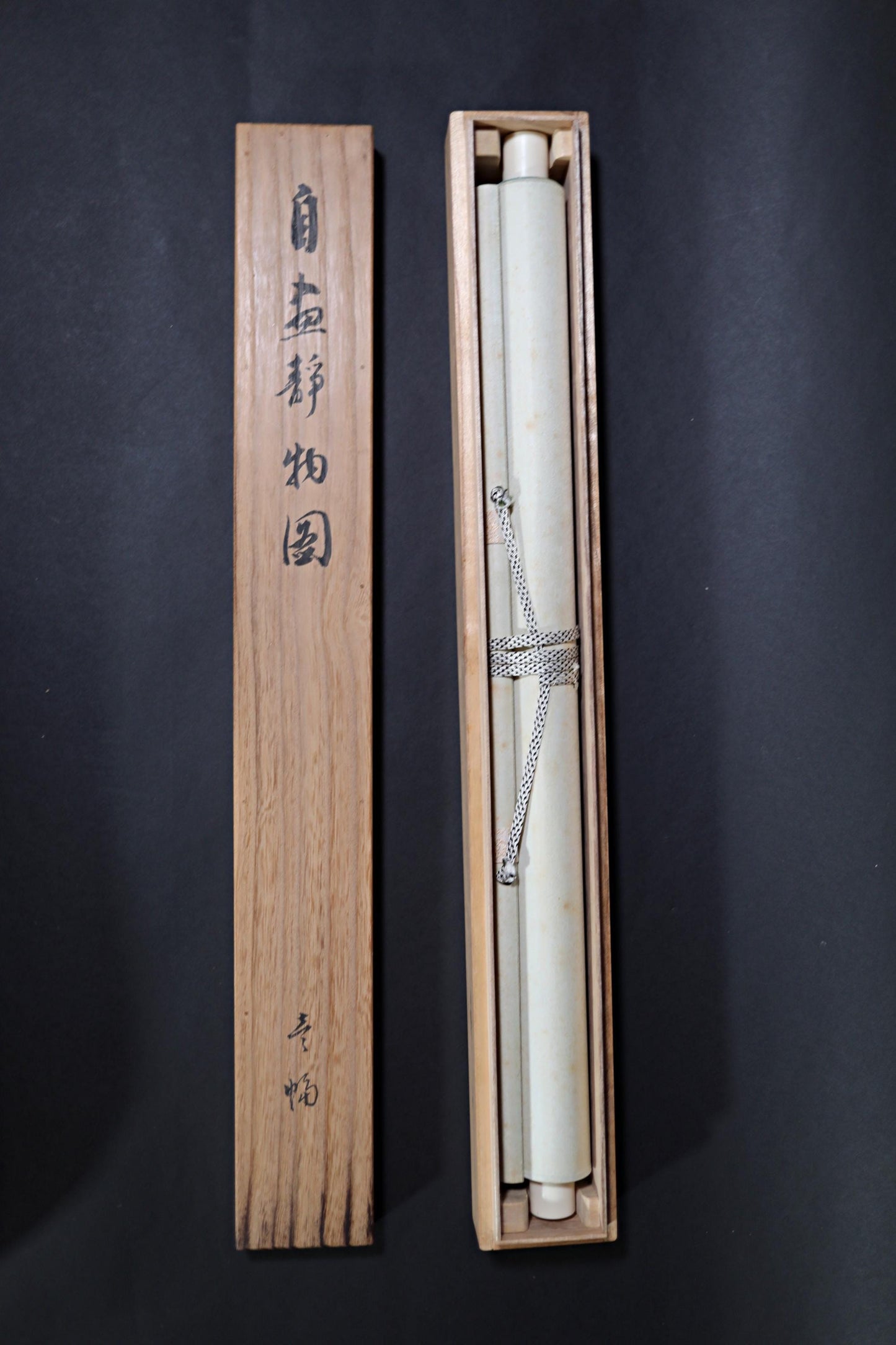Japanese old watercolor painting scroll, seafood and vegetable ,early 19th hanging scroll Kakejiku with sign and BOX wall art H47.6in/121cm