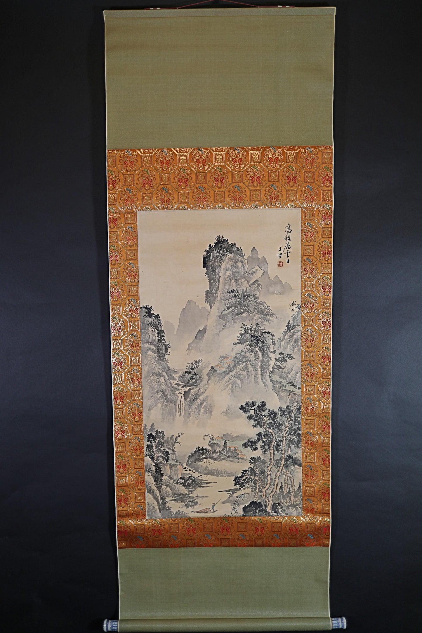 Chinese antique brush ink painting scroll fine Landscape in mountain valley, Kanji signature, KAKEJIKU H65×22.8in / H165x58cm