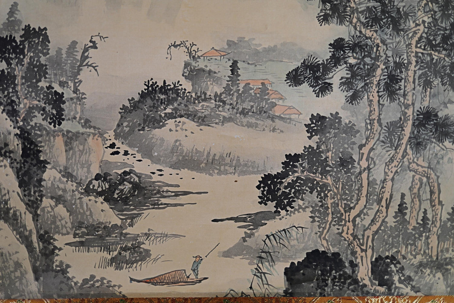 Chinese antique brush ink painting scroll fine Landscape in mountain valley, Kanji signature, KAKEJIKU H65×22.8in / H165x58cm