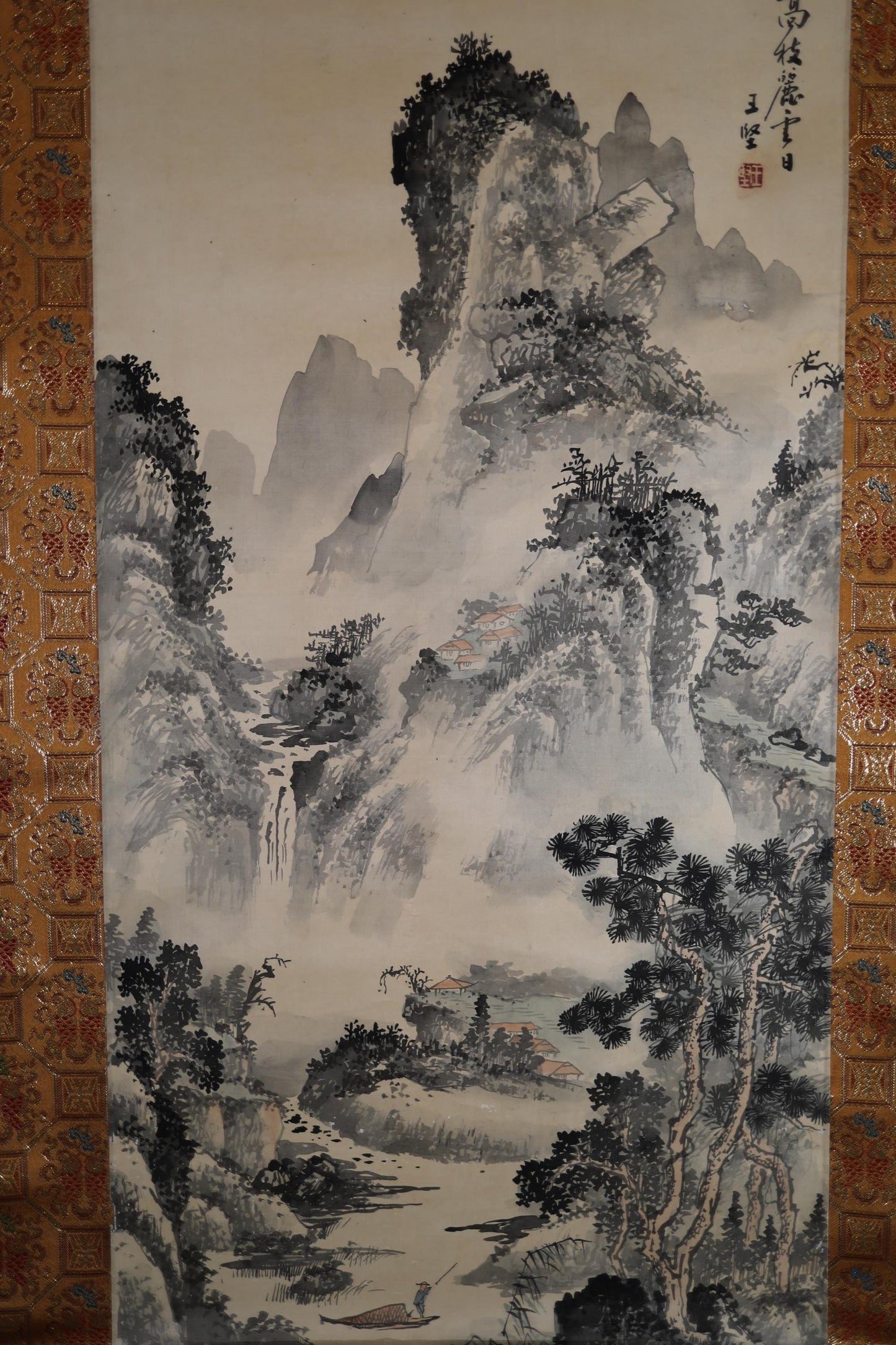 Chinese antique brush ink painting scroll fine Landscape in mountain valley, Kanji signature, KAKEJIKU H65×22.8in / H165x58cm