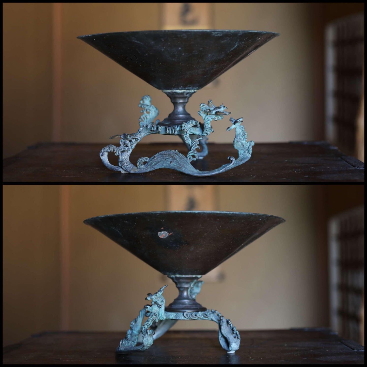 FINE! Japanese antique bronze flower vase with birds & wave shaped legs, Japanese furniture temple style 1800s wooden box W10.4in/W26.5cm