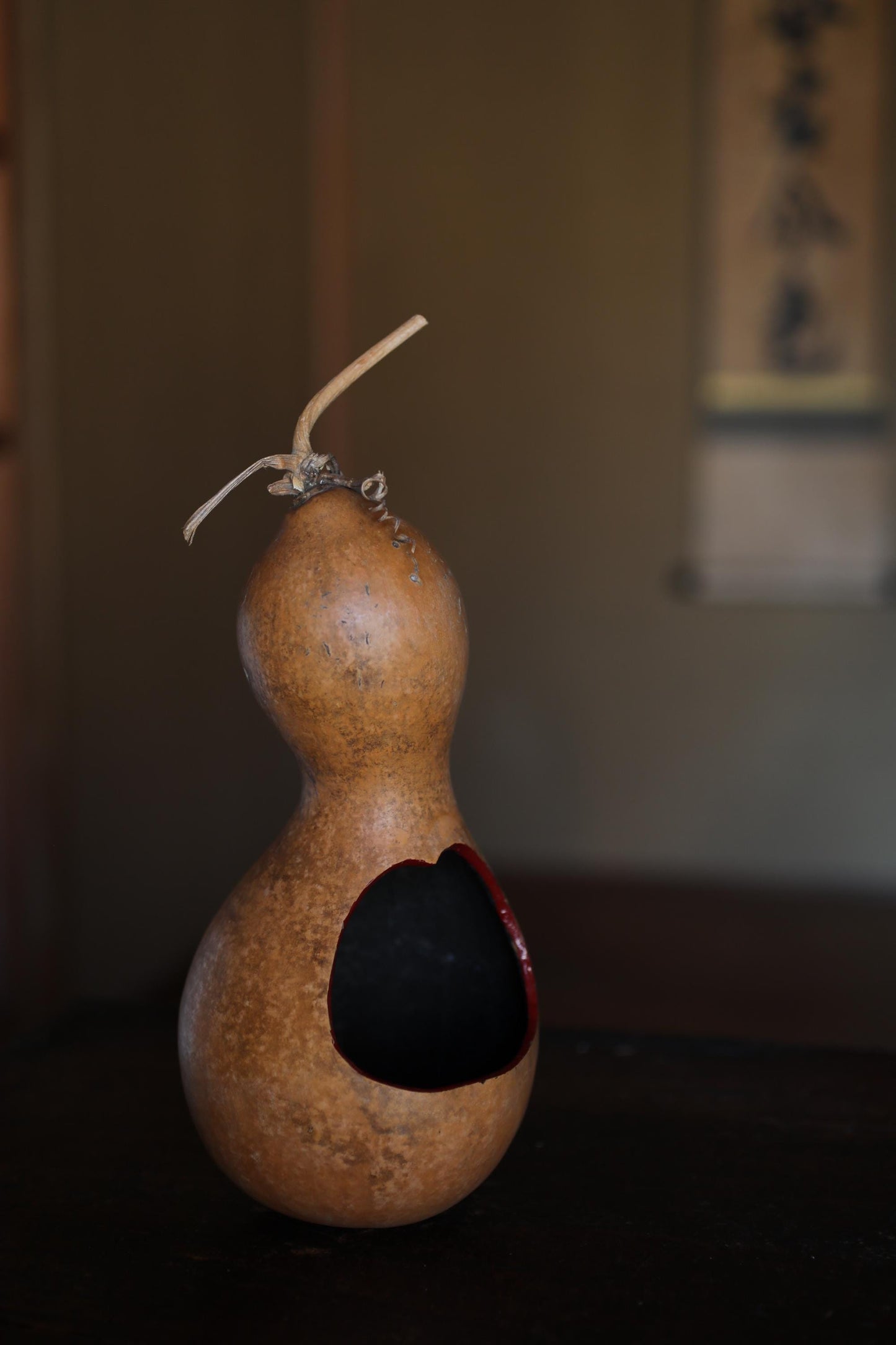 Japanese vintage vase floral organs hand made of natural GOURD bottle with signature, wooden box, Tea ceremony H8.9×4.3in / 22.5x11cm