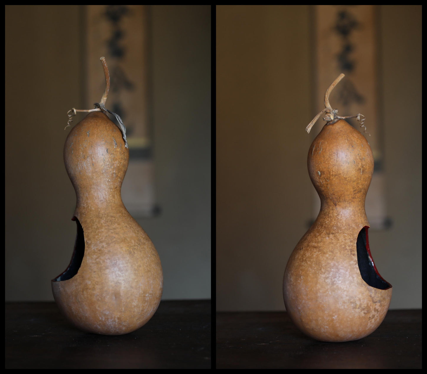 Japanese vintage vase floral organs hand made of natural GOURD bottle with signature, wooden box, Tea ceremony H8.9×4.3in / 22.5x11cm