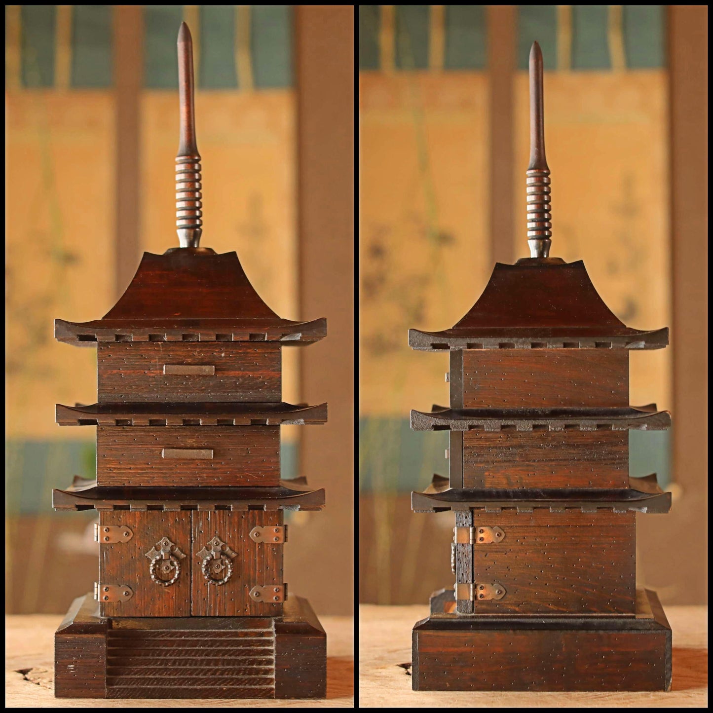 Japanese large size wooden chest of drawers three-storied Pagoda Buddhist architecture, Japanese furniture interior H20.1×7.9in/H51×20cm