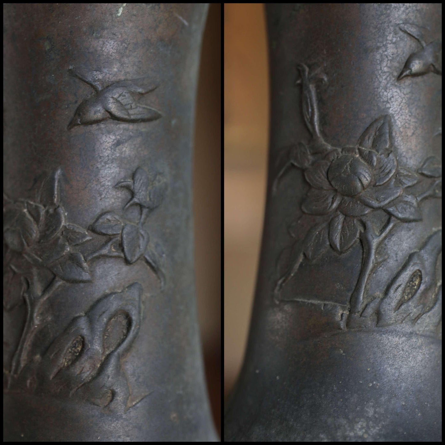 Japanese Antique 1900s bronze vase with Flowers and Birds relief, metal hand craft vase for GIFT, H8×W3.9in/H20.3×10cm