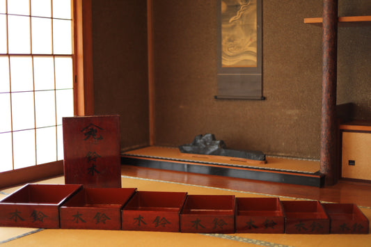 Japanese vintage stackable lacquered wood boxes with Kanji,"Kiridame" multi purpose 7 nesting boxes Furniture L H4.9xW19.1in S H2.6xW7.7in