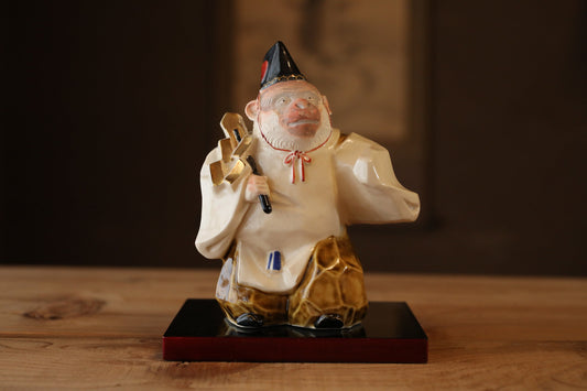 Japanese vintage 1960s pottery Monkey Shrine Dancing doll statue with Kanji signature, animal ornament hand craft For GIFT H6.1in/H15.5cm