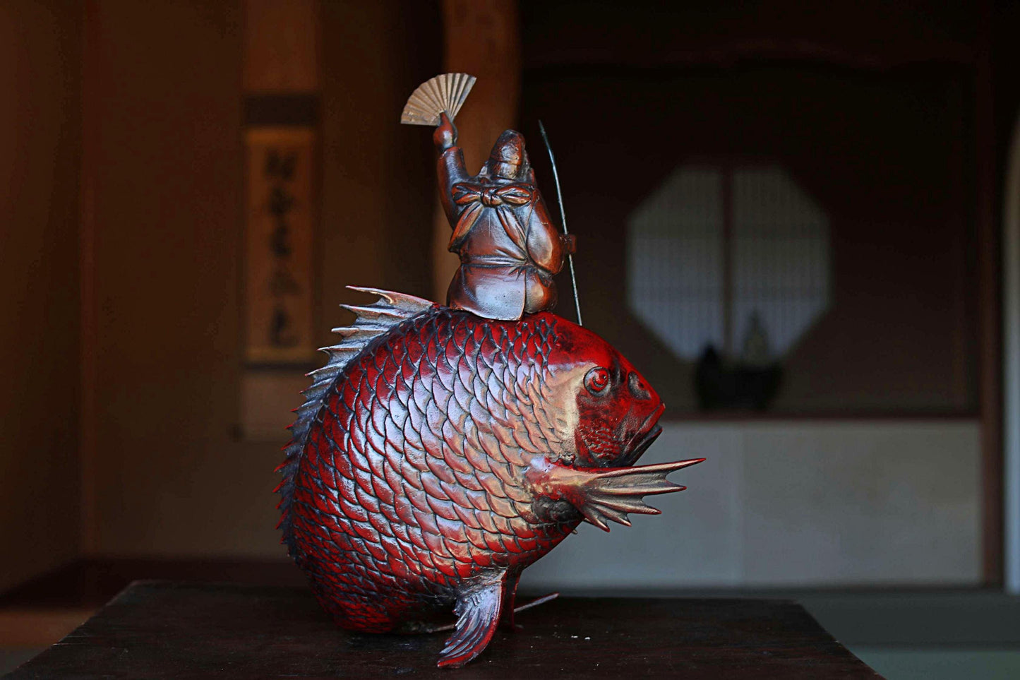 Large! Japanese vintage cast iron metal doll ornament TAI fish & god "Ebisu" with SENSU fish art H18.9in(H48cm)